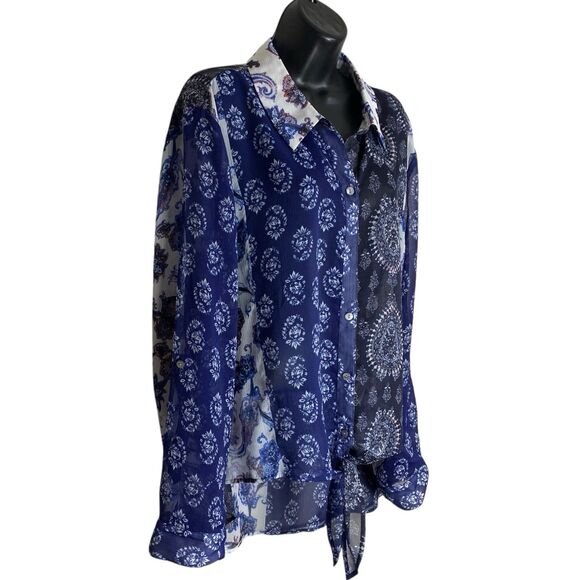 Chicos Top Womens 4 XXL Semi Sheer Blouse Roll Tab Button Up Tie Front Boho Chic - Picture 2 of 16